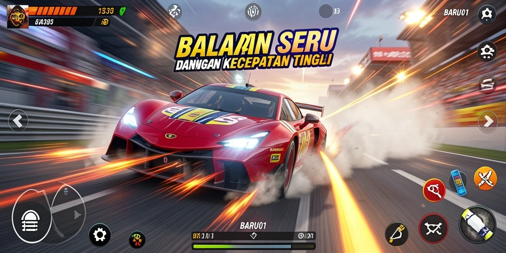 Tangkapan layar gameplay BARU01 menampilkan aksi balap yang mendebarkan.