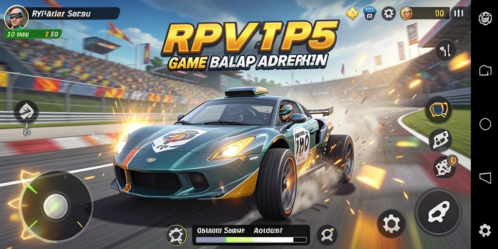 Screenshot gameplay RPVIP5 menampilkan mobil balap di jalur yang memukau.