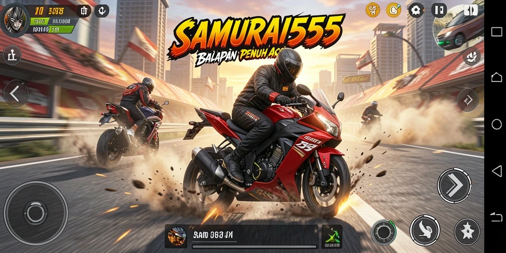 Gameplay mendebarkan di jalur balapan motor.